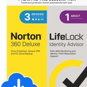 Norton - 360 Deluxe (3 Device) with LifeLock Identity Advisor (1 Adult) Internet Security Software + VPN (1 Year subscription) - Android, Apple iOS, Mac OS, Windows [Digital]